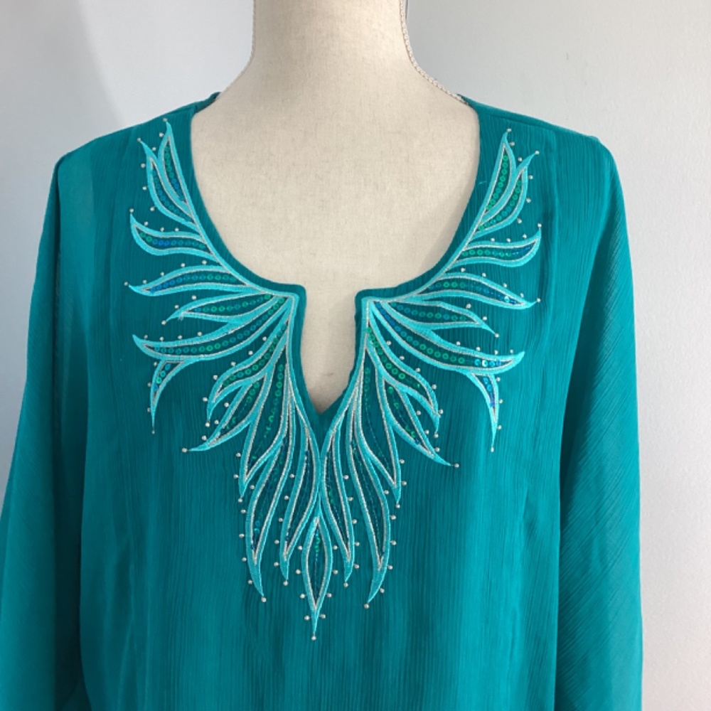 VTG BOB MACKIE WEARABLE ART SZ LARGE TEAL BATWING TOP BLOUSE SEQUINS EMBROIDERY - Picture 2 of 9